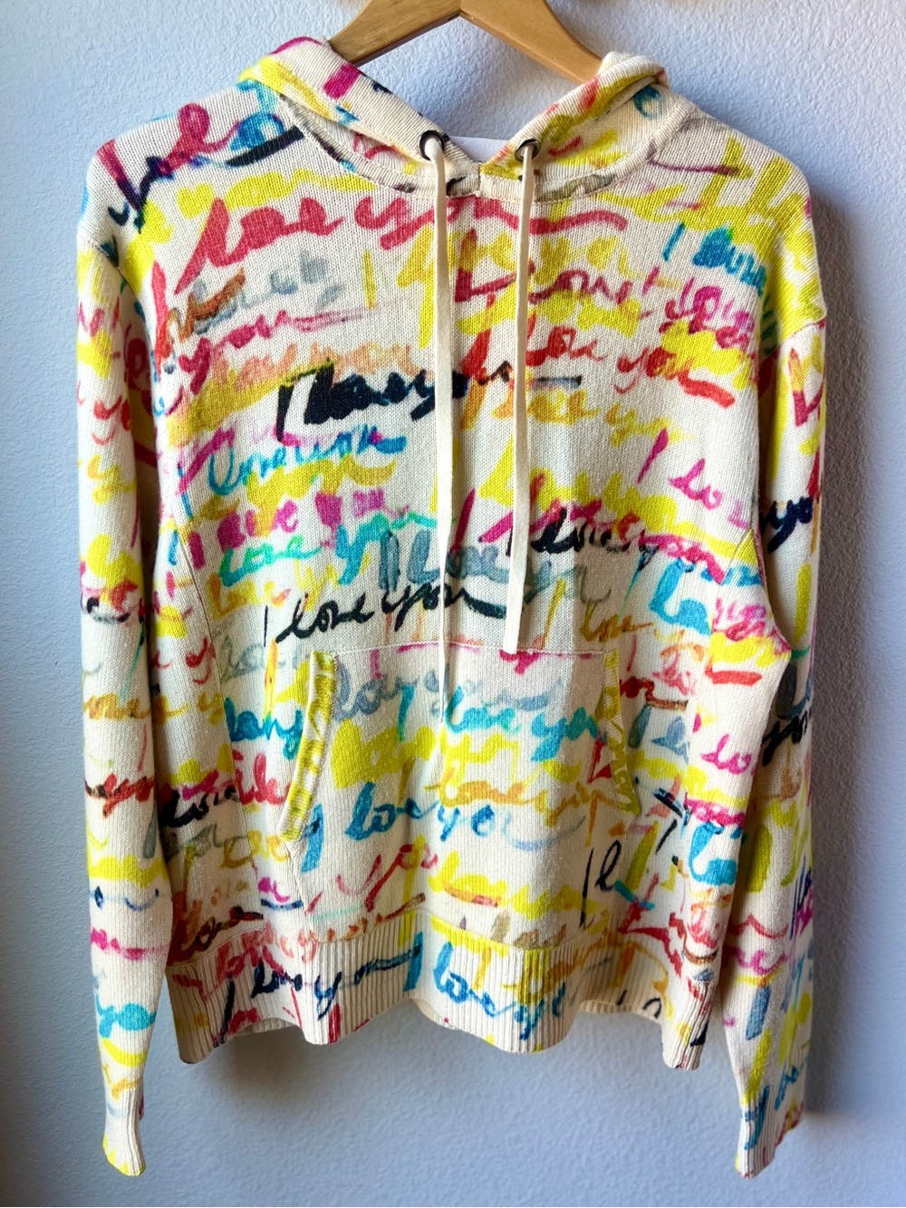 Kerri Rosenthal 100% Cashmere Love Notes Graffiti Hoodie Sweater Small